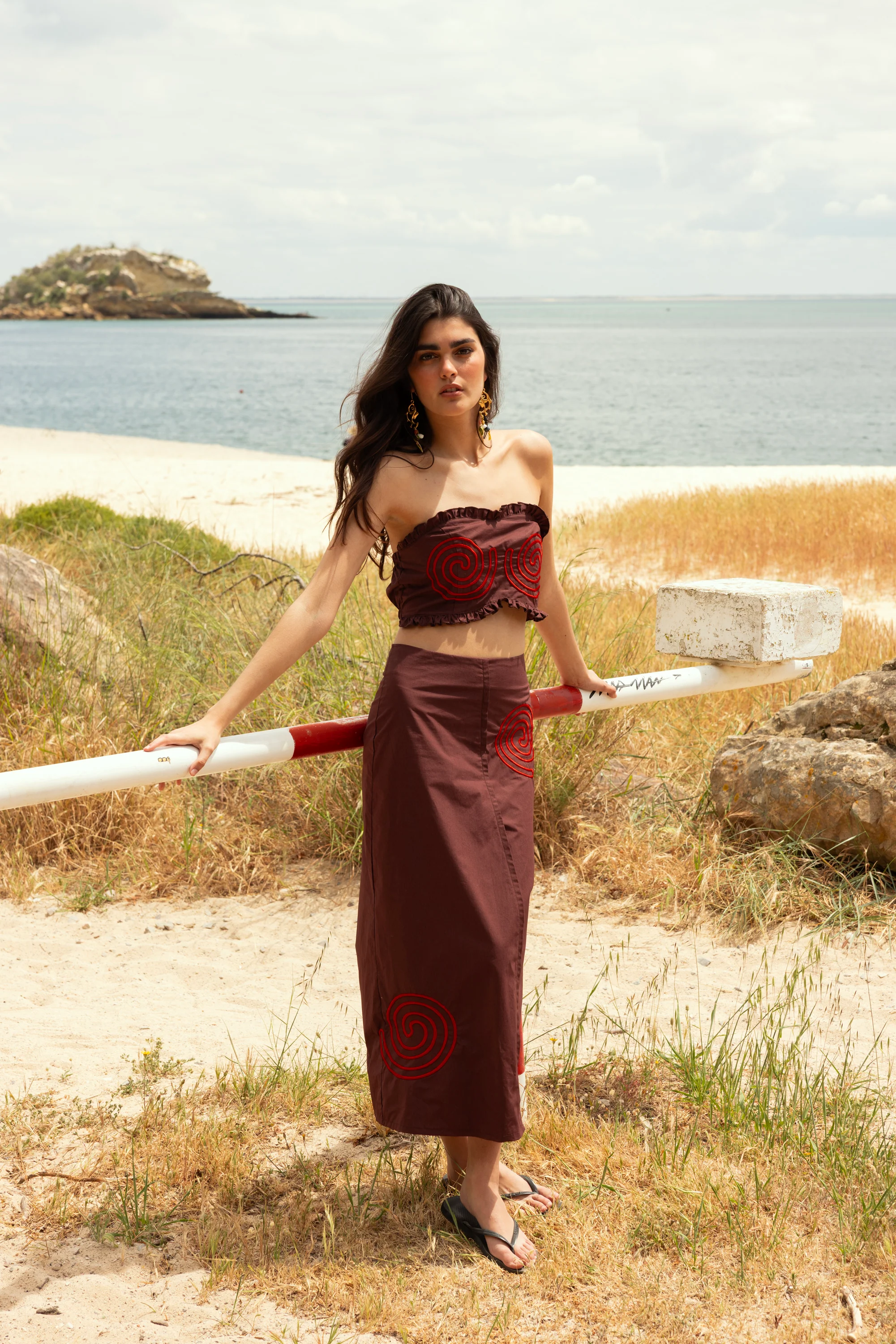 INDIRA skirt - BROWN SPIRAL EMBROIDERY