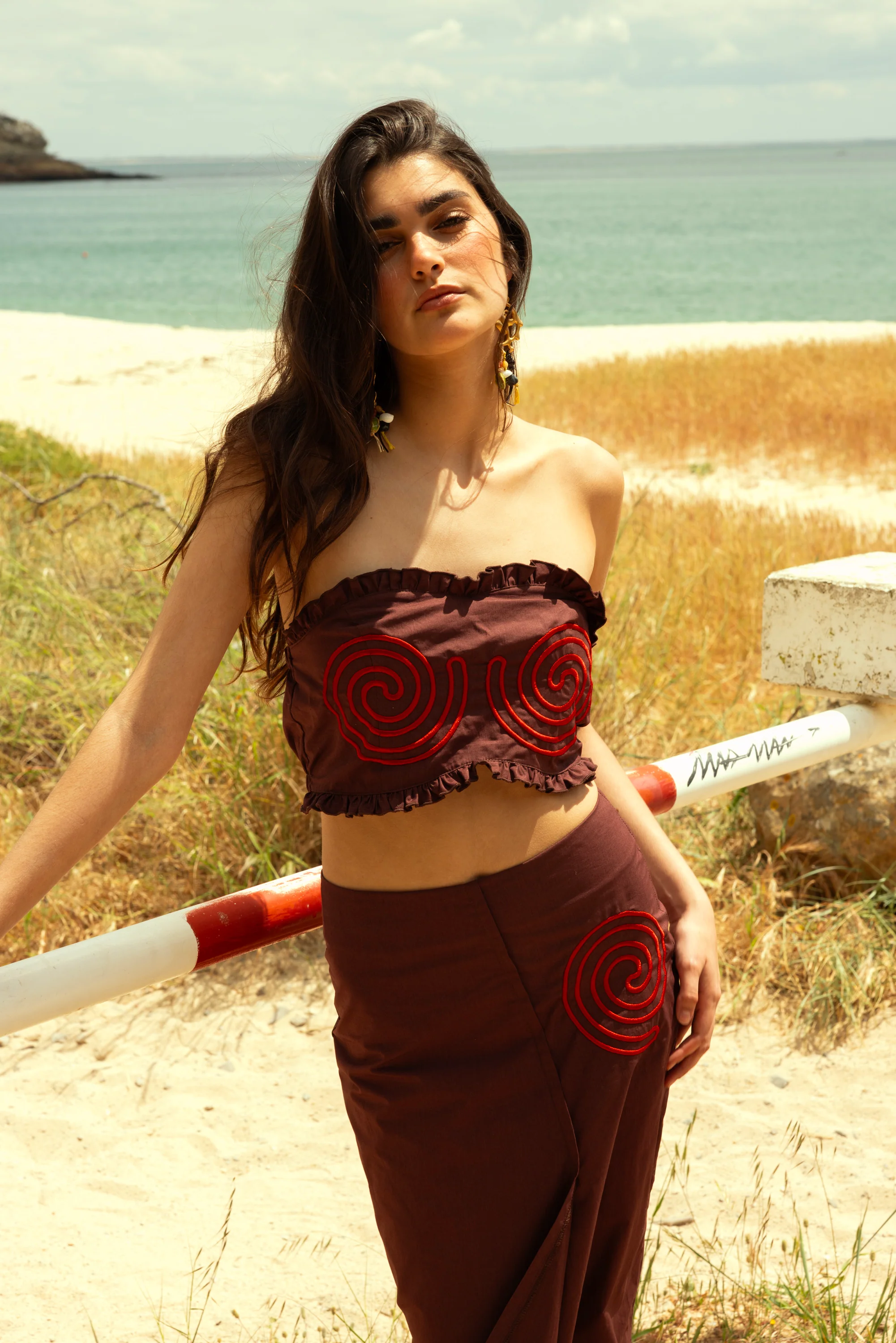 INDIRA crop top - BROWN SPIRAL EMBROIDERY